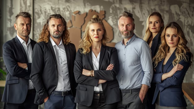 Successful business team in a stylish office, team portrait, confident expressions, photo