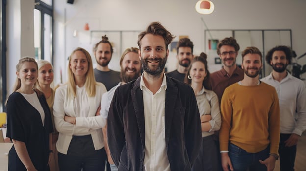 Group of professionals in a modern office, successful team portrait, displaying teamwork and success, photo