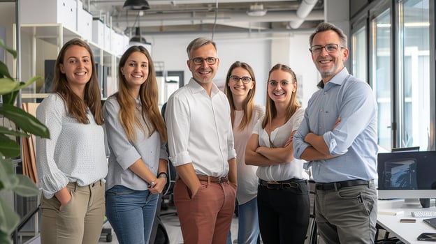 Business team photo, successful professionals posing in their office, confident and positive, photo