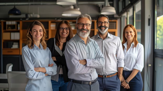 Successful team of business experts, posing in an office space, positive and confident, photo
