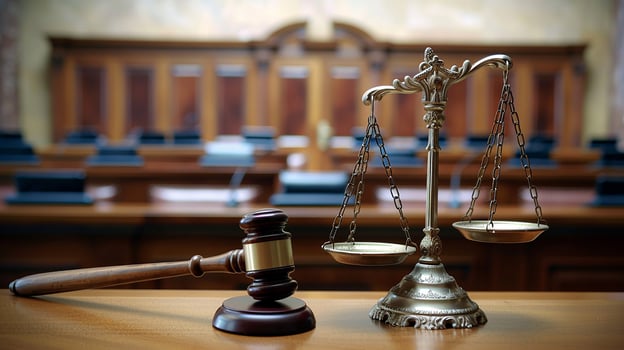 Law and justice, court of law, close-up of judge's gavel, scales in background, courtroom, photo