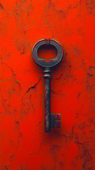 Vintage key hanging on a textured red wall. An old metal key is secured with a red thread against a vibrant red textured wall, creating a striking visual contrast. photo