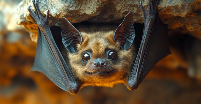 Curious bat hanging upside down in a rocky cave. A small bat hangs upside down from a rocky surface, its large eyes reflecting the surrounding light in a dim cave. photo