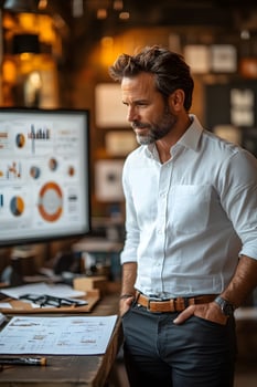 CEO standing at a desk, reviewing a business plan with strategic charts visible on a nearby screen. photo