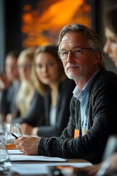 Sales team gathered around a table, discussing customer segments and strategies for entering modern markets. photo