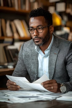 Entrepreneur evaluating a strategic plan, paying close attention to the achievement of current objectives. photo
