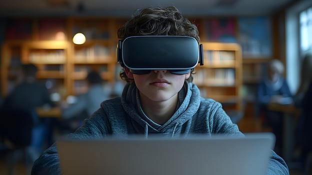 Cropped shot of a young female student wearing a VR glasses and using a laptop. photo