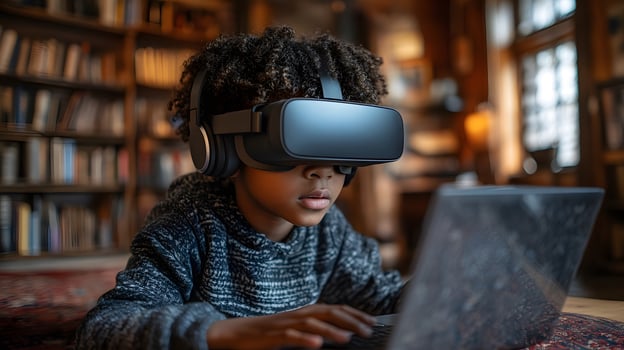 Cropped shot of a young female student wearing a VR glasses and using a laptop. photo