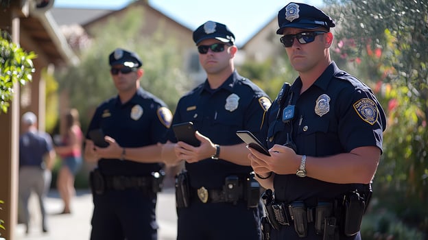 Officers in action using body-worn cameras and mobile devices to document and analyze incidents on the scene. photo