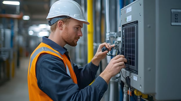 Solar technician completing the connection between panels and an inverter, focusing on sustainable energy solutions in a busy industrial environment. photo