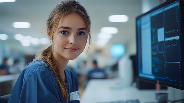 Health care professional using digital medical records in a clinic, enhancing patient care with technology photo