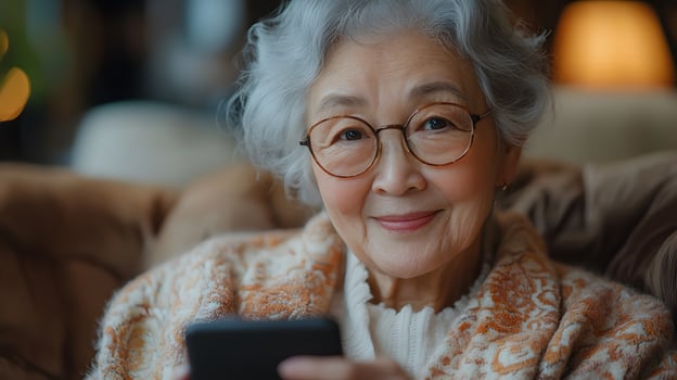 Joyful senior woman seated on a sofa, engaging in a chat, her face lighting up as she speaks. Soft lighting enhances the relaxed, friendly scene. photo