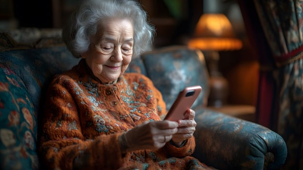 Smiling elderly woman seated on a sofa, holding her phone and reading a message. The soft light in the room creates a warm, peaceful atmosphere. photo