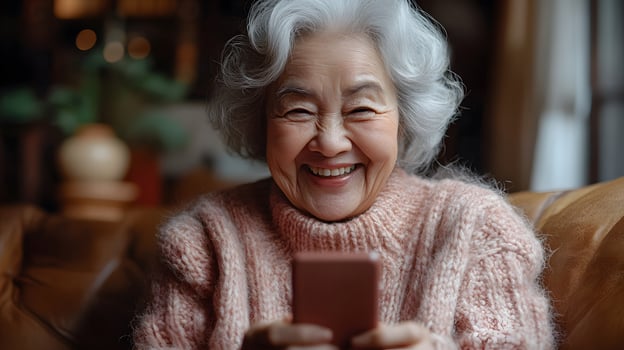 Joyful older woman sitting on a sofa, holding a smartphone, laughing as she chats with family on a call. The inviting living room adds to the cheerful scene. photo