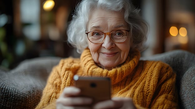 Happy elderly woman sitting on a sofa, chatting on her phone during a call. The warm, inviting room highlights her cheerful expression. photo