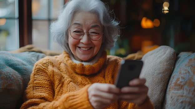 Joyful elderly woman on a sofa, holding her phone and laughing during a call. The bright and cozy living room complements her cheerful mood. photo