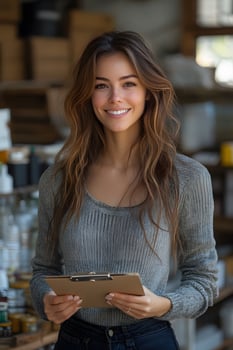 Smiling woman holding a clipboard in an e-commerce stockroom, surrounded by neatly arranged products. The organized space highlights her business success. photo