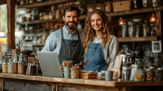 Young couple setting up new online store with laptops and coffee photo