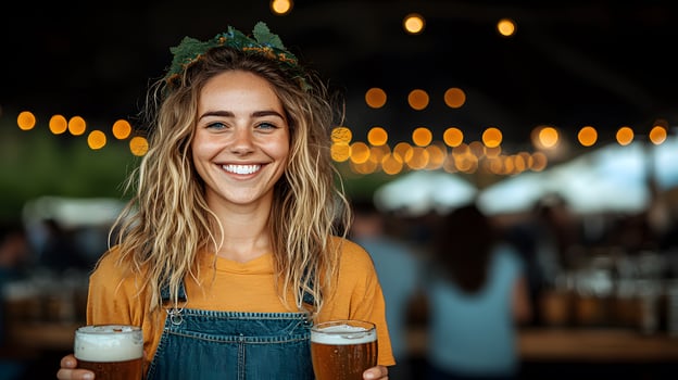 Large Oktoberfest beer tent with rows of tables filled with steins of beer and cheerful people in traditional Bavarian clothing photo
