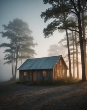 A small cabin in the foggy woods photo