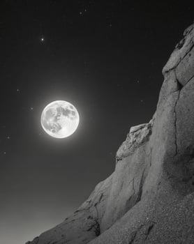 A black and white photo of the moon over a rocky cliff