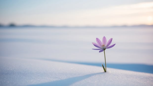 A single purple flower stands out in the snow photo
