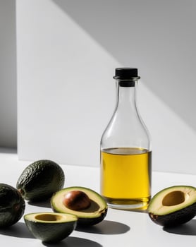 Avocado oil and half of an avocado photo