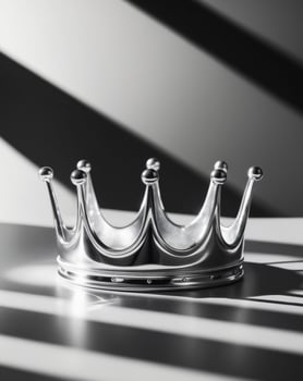 A silver crown sits on a table in front of a window photo
