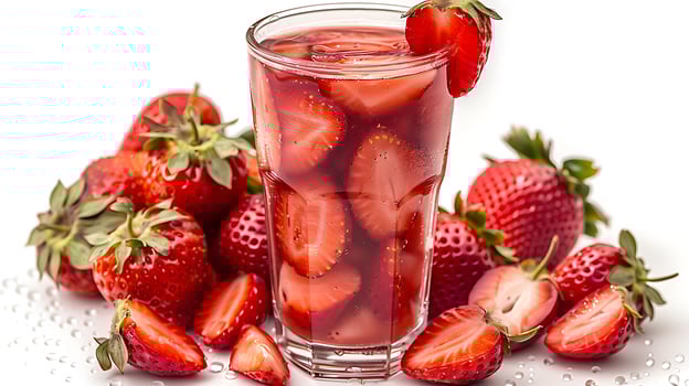 Tall glass of strawberry juice with fresh strawberries cut out on an isolated simple minimalist background photo
