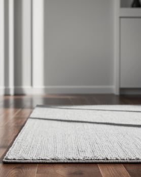Modern Black and White Area Rug on Wooden Floor. photo