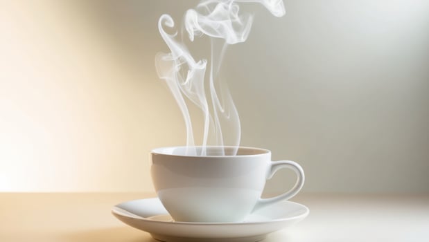 Steam Rising from a White Coffee Cup on Soft Background. photo