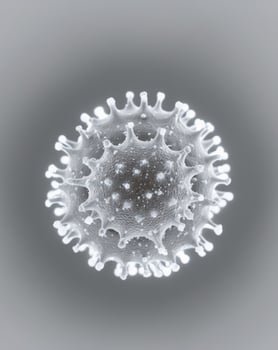 A white virus is shown in a gray background photo