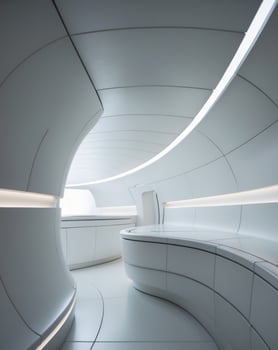 The interior of a futuristic building with curved walls photo
