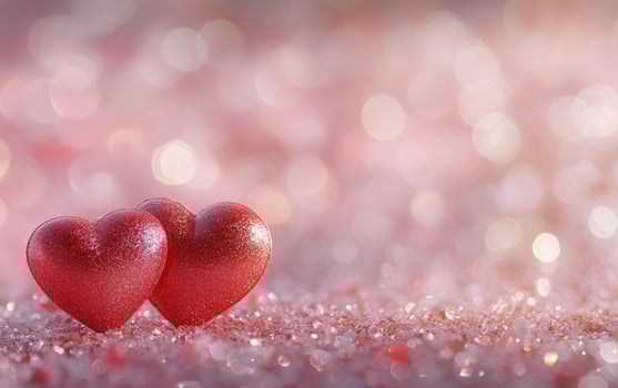 Two glittery red hearts resting on a sparkling pink surface perfect for Valentines Day celebration photo