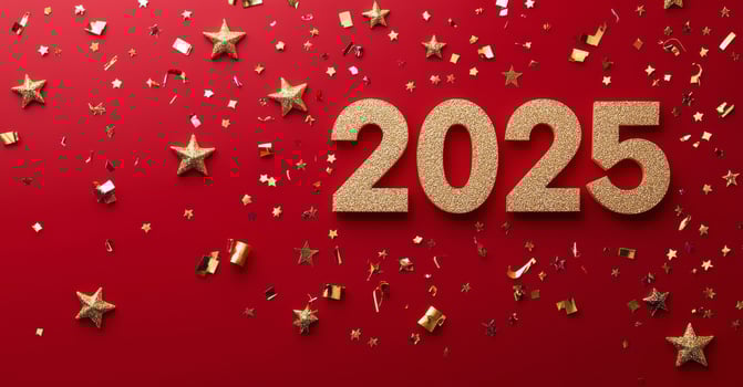 Celebrating New Years with sparkling decorations and the year 2025 prominently displayed photo