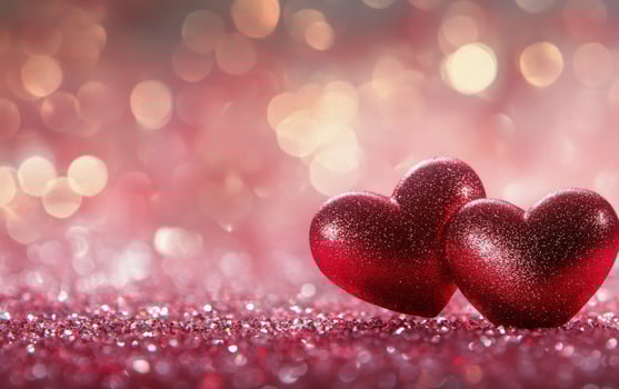 Two glittery red hearts resting on a sparkling pink surface perfect for Valentines Day celebration photo