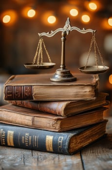 Antique legal books with a gavel and scales of justice on a wooden surface in a library photo