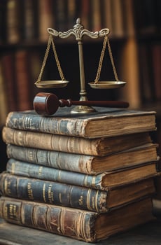 Antique legal books with a gavel and scales of justice on a wooden surface in a library photo