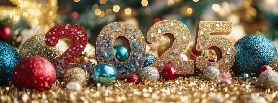 Festive New Year decorations featuring colorful 2025 numbers and shimmering ornaments photo