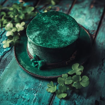 Green leprechaun hat and shamrocks, St. Patrick's cutout background. photo