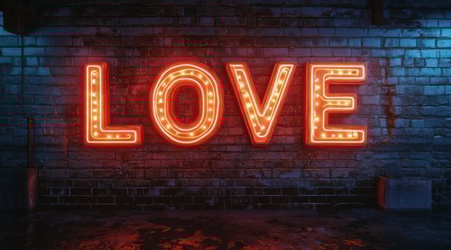 Bright neon love sign against a brick wall in an urban setting at night photo