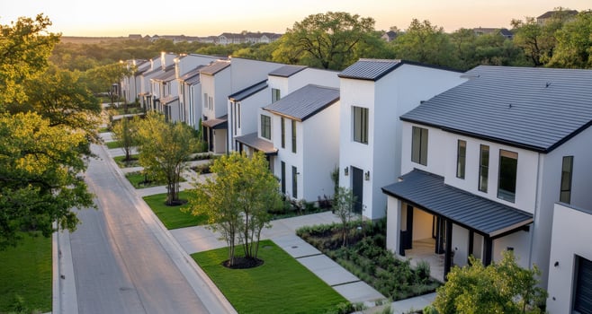 Modern residential neighborhood with contemporary houses surrounded by green landscaping at sunset photo