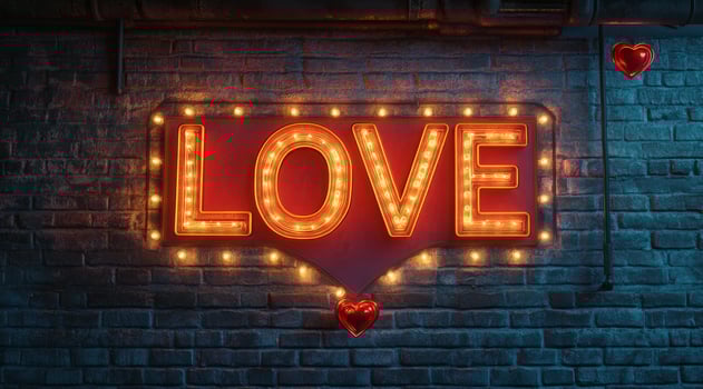 Bright neon love sign against a brick wall in an urban setting at night photo