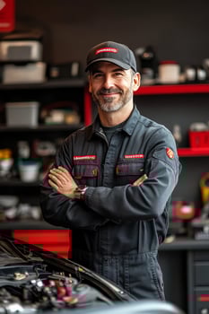 Skilled mechanic in workshop showcasing expertise and confidence while standing with crossed arms photo