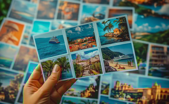 Hand holding a collection of travel postcards featuring tropical beach scenes and ocean views photo