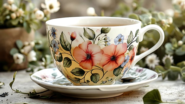 Floral cup of jasmine green tea cut out on an isolated simple minimalist background photo