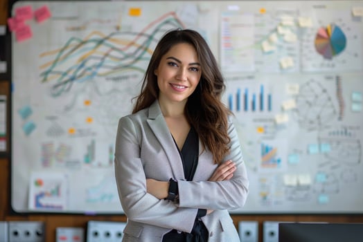 Business woman standing in front of a whiteboard with home insurance data, office background, high detail photo