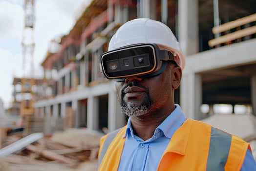 Businessman at a construction site using smart glasses for hands-free project management, highlighting innovation photo