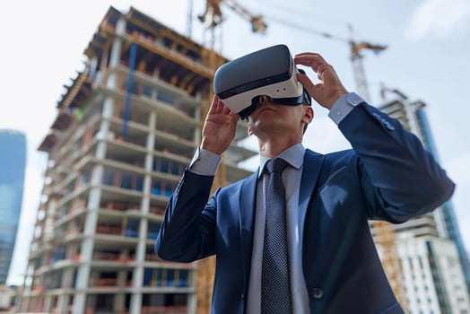 Businessman holding a virtual reality headset, preparing to inspect a construction project digitally, symbolizing innovation photo
