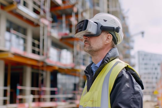 Businessman reviewing construction site safety with smart wearables, showcasing innovation in safety measures photo